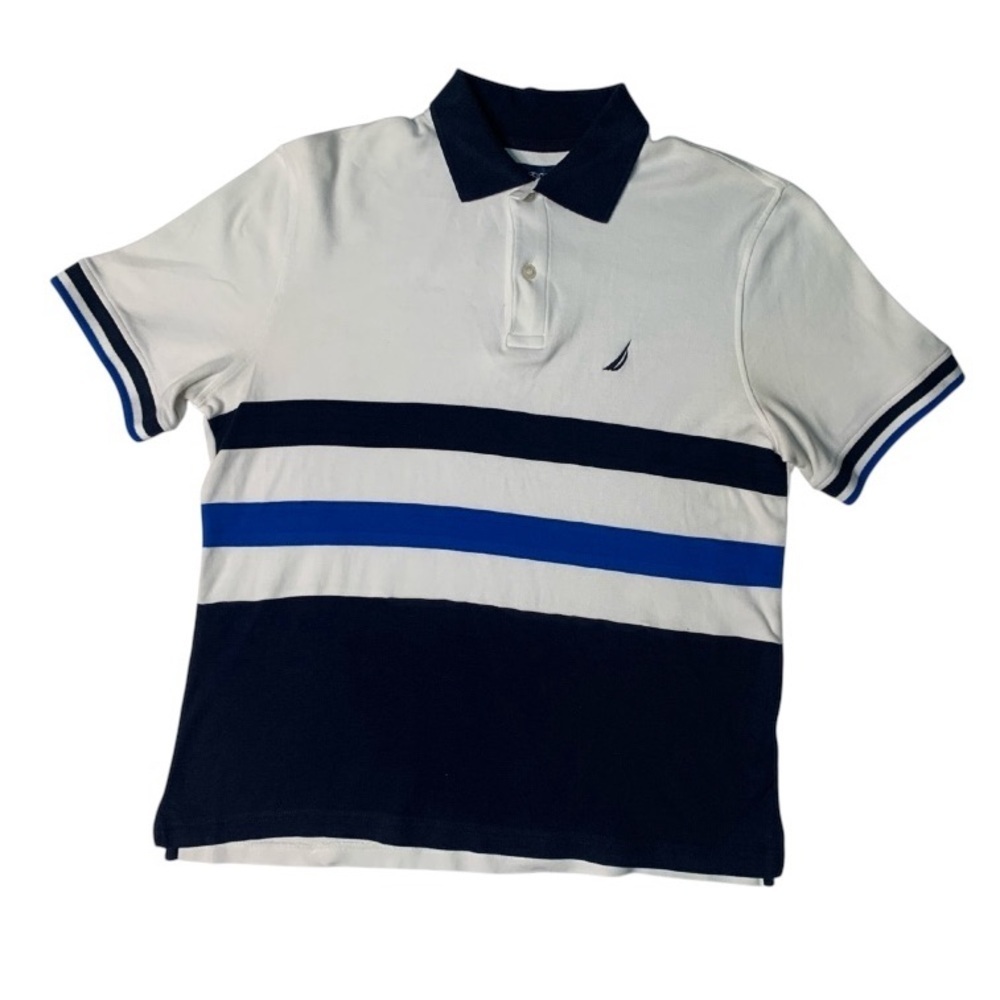 Nautica Sz small White and Blue Polo Shirt with Striped Design